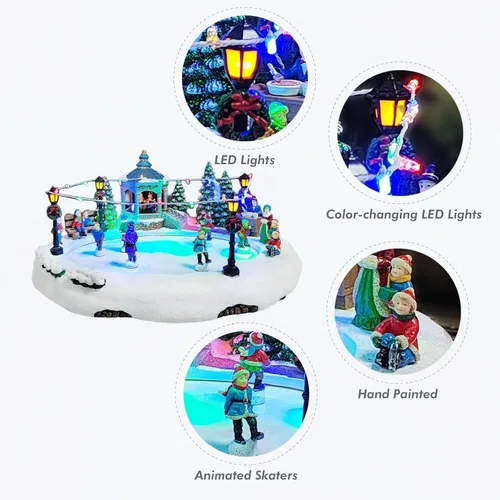 Vista 5 de MOMENTS IN TIME Escultura animada de estanque de patinaje de 18.5 cm de alto, aldea navideña con patinadores en movimiento, luces y música LED