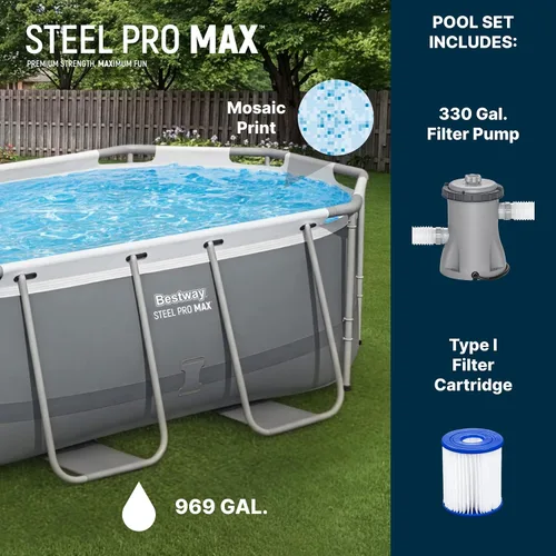 Vista 3 de Bestway Steel Pro MAX - Juego de piscina sobre el suelo (10 pies x 6 pies 7 pulgadas x 33 pulgadas), incluye bomba de filtro de 330 galones por