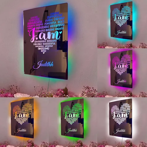 Vista 2 de Espejo de afirmaciones positivas fuertes con nombre personalizado "I AM Strong Positive Affirmations Mirror con luces LED, espejo de pared