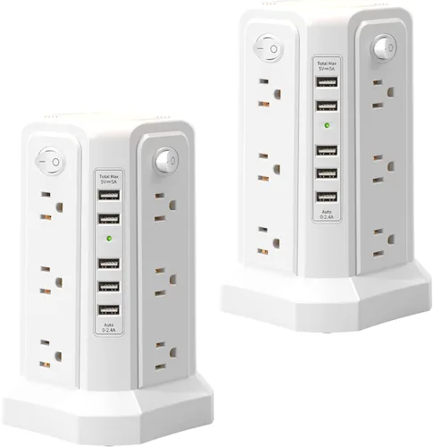 Vista 12 de Regleta de protección contra sobretensiones con torre y 5 puertos USB y luz nocturna, cable de extensión de 10 pies con 12 tomas múltiples de CA