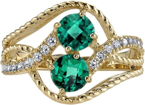 Vista 3 de PEORA Anillo de dos piedras de esmeralda creada para mujer, oro amarillo de 14 quilates, forma redonda total de 1 quilate, tallas 5 a 9