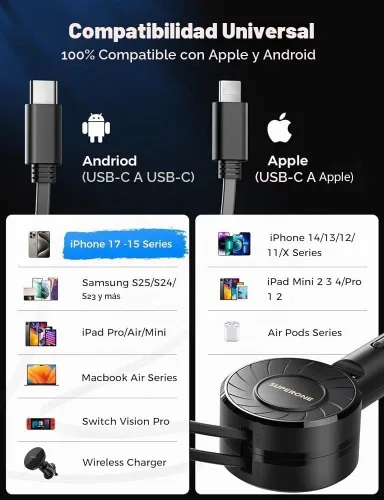Vista 5 de SUPERONE Cargador retráctil para automóvil, pequeño cargador de automóvil para iPhone, cargador de teléfono para automóvil con USB C y cable Apple
