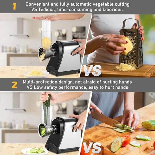 Vista 3 de Rallador eléctrico de queso, máquina de ensalada con 5 cuchillas diferentes, trituradora eléctrica de 250 W para uso en la cocina del hogar