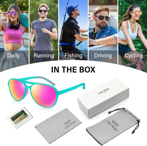 Vista 7 de URUMQI Lentes de sol polarizados estilo aviador para mujeres y hombres, lentes de sol piloto retro de los años 70, montura TR90, protección UV400