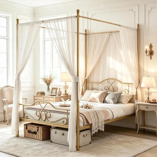 Vista 3 de Weehom - Base de cama con dosel tamaño queen con cabecera y estribo, base de colchón de plataforma metálica con cuatro postes, almacenamiento debajo