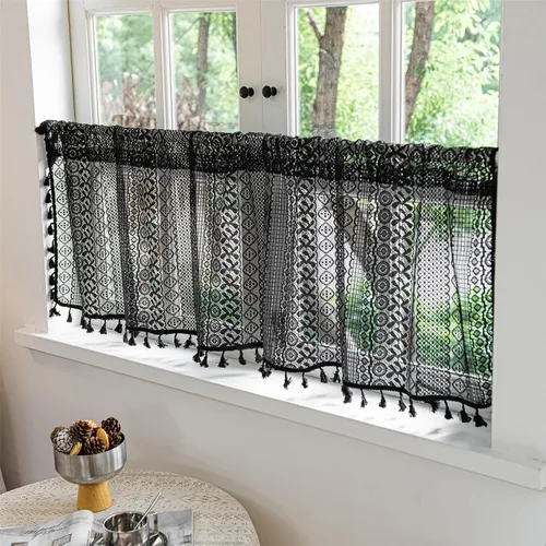 Vista 2 de Deeprove - Cenefa de cortina bohemia negra de 18 pulgadas de largo para cocina y cafetería, cortina corta bohemia de encaje transparente de crochet