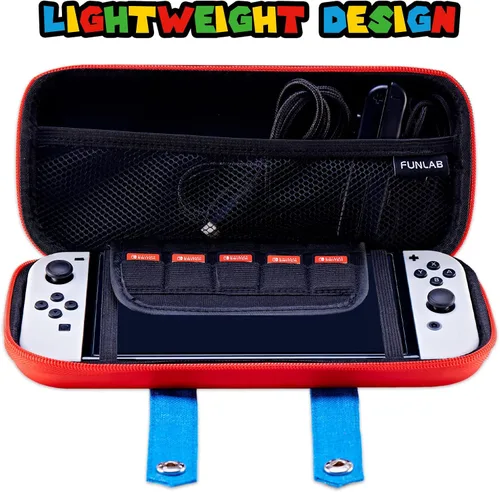 Vista 2 de FUNLAB Funda para Switch compatible con Nintendo SwitchOLED, bonita funda portátil para Switch con 10 soportes de juego para fanáticos de Mario