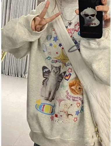 Vista 2 de Sudadera de gato para mujer, sudadera de gran tamaño para mujer, sudadera Y2K, ropa Y2K