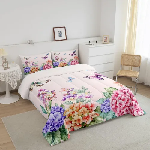 Vista 5 de Juego de edredón de mariposa morada tamaño individual para niñas y niños, ropa de cama rosa degradado, relleno de edredón de mariposa de ensueño