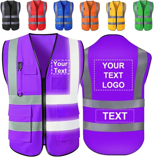 Vista 11 de Chaleco de seguridad personalizado con logotipo, texto, nombre, alta visibilidad, bolsillos y cremallera, a granel para mujeres y hombres Class 2