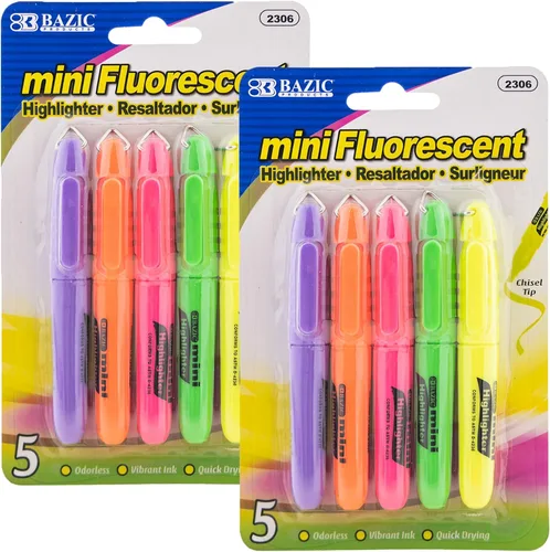 Vista 8 de BAZIC PRODUCTS Mini resaltadores, fluorescentes, punta de cincel, clip de tapa, 5 unidades Colores Asst