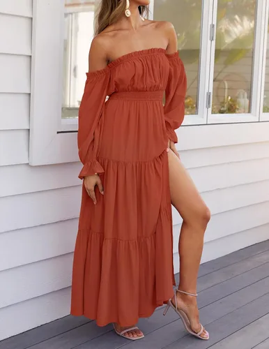 Vista 46 de ZESICA - Vestido largo, bohemio y sexy, con hombros descubiertos y manga larga fruncida, con elástico fruncido, cintura alta y abertura lateral