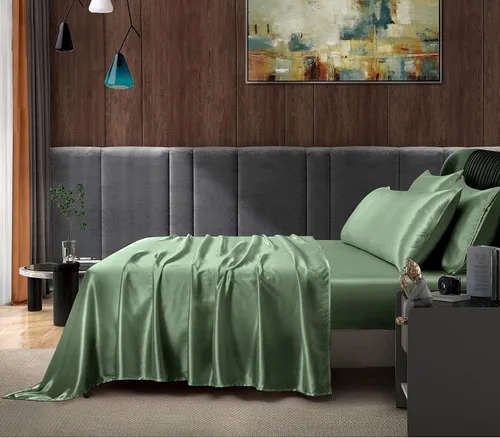 Vista 3 de Entisn Juego de sábanas de satén sedoso de 5 piezas, juego de sábanas de satén tamaño Queen, juego de ropa de cama de lujo verde salvia