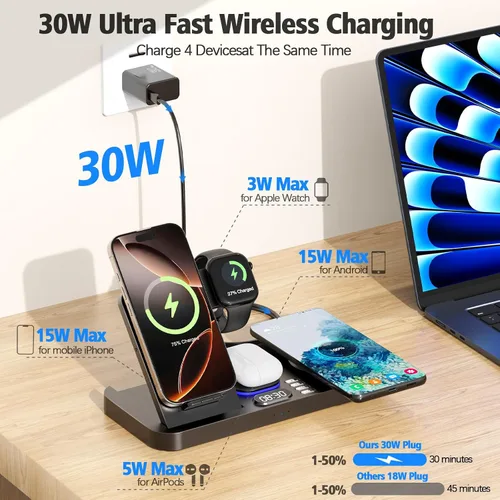 Vista 3 de Estación de carga inalámbrica de teléfono dual para dispositivos Apple, cargador inalámbrico de 30 W con interruptor automático de luz y reloj de 7