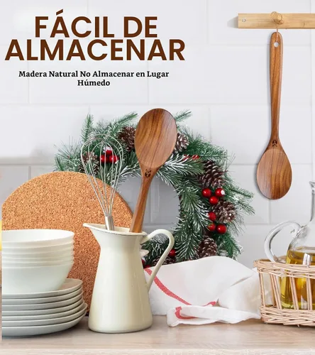 Vista 6 de Cucharas de madera para cocinar, utensilios de cocina de madera de teca prémium para servir