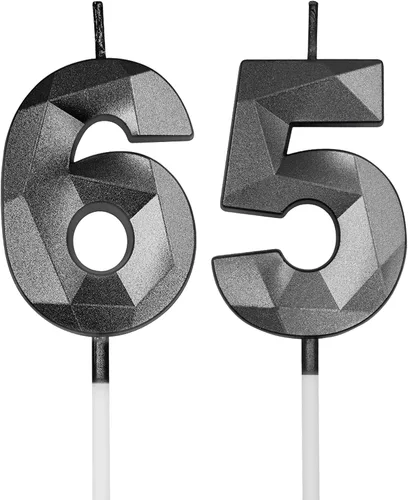 Vista 8 de Velas de cumpleaños de 65 y 56 para pastel, número plateado 65 56 3D con forma de diamante, decoración de cumpleaños, suministros de fiesta