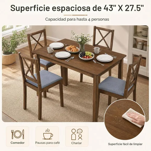 Vista 6 de GIANTEX Juego de mesa de comedor para 4, mesa de cocina de madera con sillas tapizadas