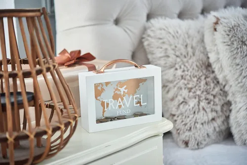 Vista 5 de Caja de dinero de sombra para ahorro de viaje - Banco de monedas para adultos - Tarro de vacaciones - Caja de ahorro blanca con asa - Fondo de luna