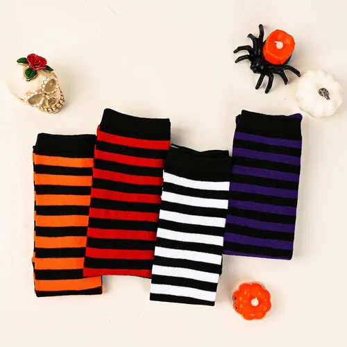 Vista 4 de GODORIO Calcetines a rayas de Halloween, medias altas hasta el muslo por encima de la rodilla, medias para mujeres y hombres para fiesta de cosplay