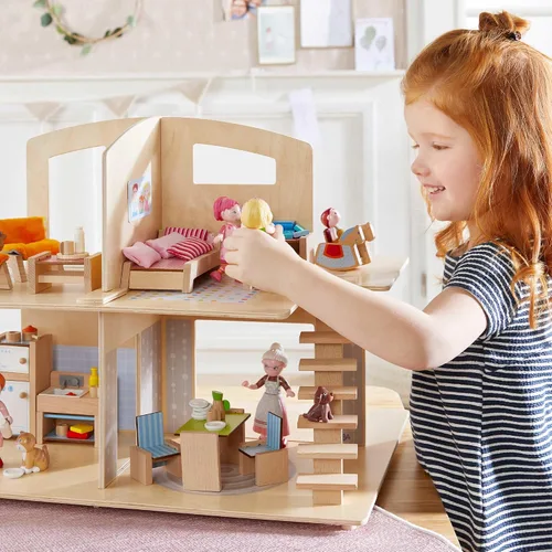 Vista 6 de HABA Little Friends Dollhouse Town Villa con 10 muebles