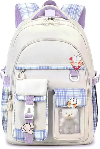 Vista 11 de PRLINJSK Mochila para niñas, mochila escolar linda para niñas, niños y adolescentes, mochila Kawaii para primaria, Negro, Mediana, Mochilas