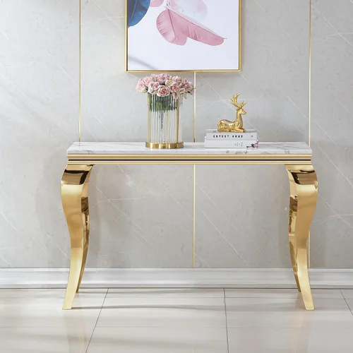 Vista 11 de Mesa consola moderna de cristal, mesa de sofá dorada de 55 pulgadas con marco de metal resistente y parte superior de vidrio templado negro