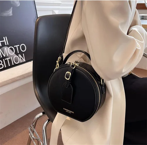 Vista 8 de Bolso redondo de cuero occidental para mujer, bolso redondo retro con asa superior con correa