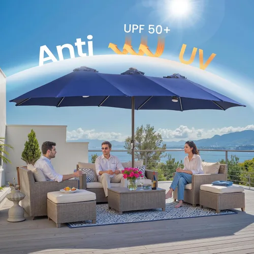 Vista 5 de ovios Sombrilla grande de patio de 15 pies con base y luces solares, paraguas rectangular de doble cara para exteriores con 38 luces RGB, paraguas