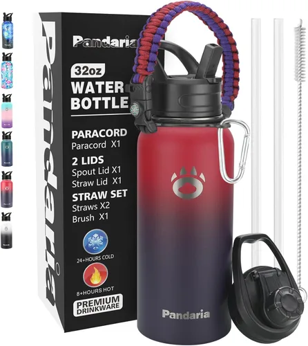 Vista 8 de Insulated Water Bottle 32oz, Stainless Steel Water Bottle with Straw & Spout Lids & Paracord Handle with Straw