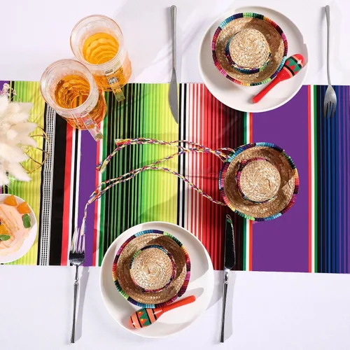 Vista 4 de Preboun 6 piezas de camino de mesa mexicano de plástico Dia De Los Muertos Serape Camino de mesa 14 x 108 Fiesta mexicana colorido a rayas