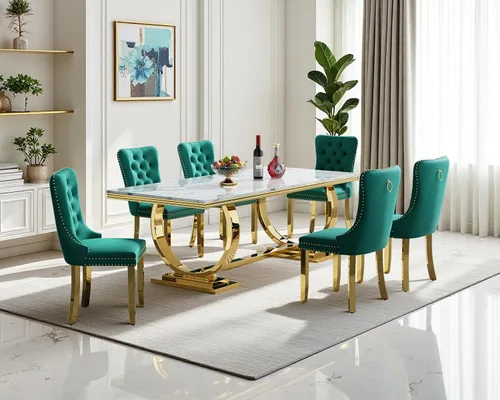 Vista 38 de Juego de 4 mesas de comedor blancas y doradas, mesa de cocina rectangular de 68 pulgadas con parte superior de mármol sintético blanco, mesa de Mesa