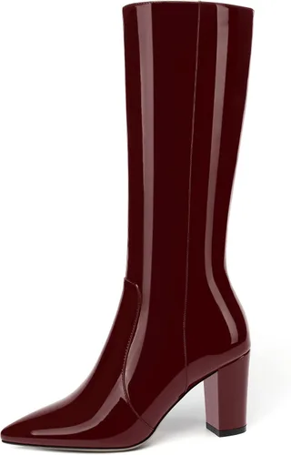 Vista 114 de AMBELIGHT Botas altas hasta la rodilla con cremallera y puntera puntiaguda para mujer, de patente sólida, tacón alto, 3.3 pulgadas