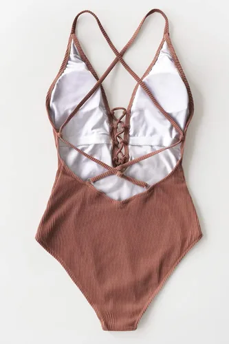 Vista 5 de CUPSHE Traje de baño de una pieza con cordones, cuello en V y color liso para mujer