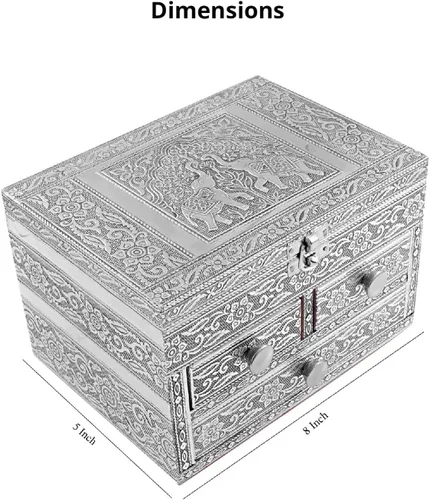 Vista 5 de SHOP LC DELIVERING JOY Elefante de aluminio en relieve 3 cajones baratija regalos joyero organizador para mujeres viaje portátil