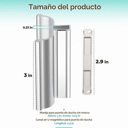Vista 2 de Manija de puerta de ducha sin marco cromada brillante de 3-3/4 pulgadas con pestillo de metal, canal en U de acero inoxidable con imán para puerta