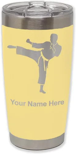 Vista 13 de LaserGram Vaso aislado al vacío de 20 onzas, Karate Man, grabado personalizado incluido (negro) Engraved Gift, Vacuum Insulated Stainless Steel