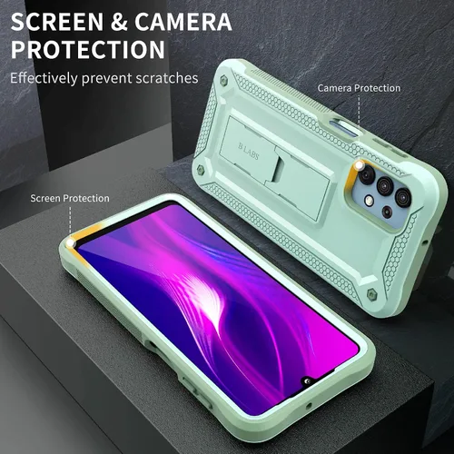 Vista 4 de Funda compatible con Samsung Galaxy A32 5G, máxima protección contra caídas con protector de pantalla integrado y soporte (verde)