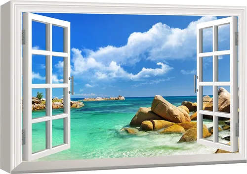 Vista 12 de wall26 - Cuadro en lienzo para pared, vista de ventana, atardecer neón, cielo, palmera tropical, playa, naturaleza, desierto, fotografía, realismo