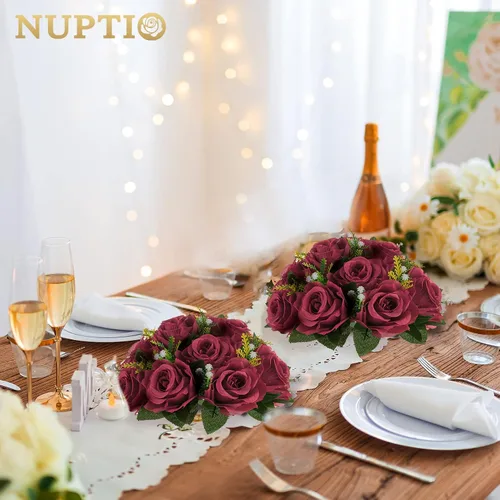 Vista 3 de NUPTIO Arreglo de Bolas de Flores en Ramo - 2 Piezas de 9.5 Pulgadas de Diámetro Bolas de Flores Falsas Carmesí Rosas para Centros de Mesa Mesas