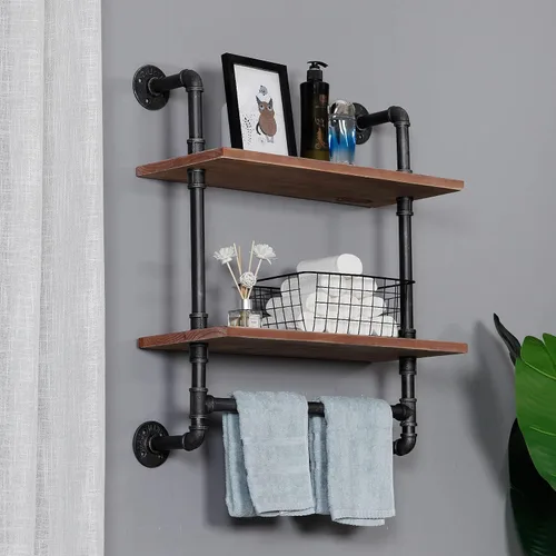 Vista 7 de Estante industrial de tubería para baño, estantes de pared montados en la pared, 2 niveles de 19.6 pulgadas de madera rústica, decoración flotante
