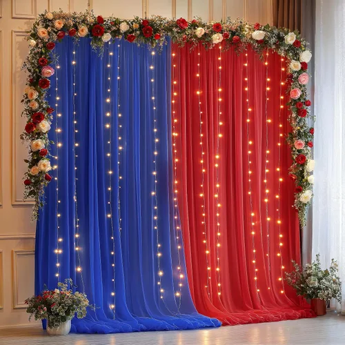 Vista 23 de Cortina de telón de fondo de tul azul bebé de 10 x 8 pies con cadena de luces para fiestas, cortinas de fondo transparentes para bodas, baby shower