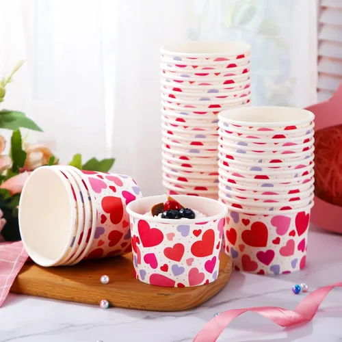 Vista 2 de Shellwei 100 cuencos de papel de helado para el día de San Valentín de 9 onzas a granel, tazas de aperitivos con corazón rojo, tazones de postre