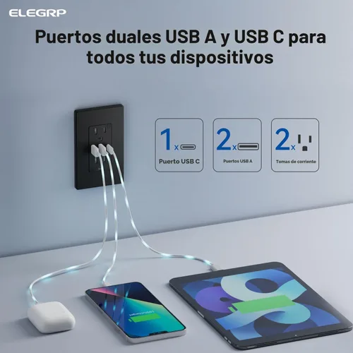 Vista 2 de ELEGRP Tomacorrientes USB, toma de pared de 3 puertos, toma eléctrica de 30 W 6.0 A resistente a manipulaciones, toma de corriente de 15 amperios