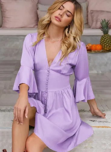 Vista 4 de Mini vestido casual de verano para mujer, vestido con botones, manga corta, cintura alta, longitud hasta la rodilla, vestido de túnica liso fruncido