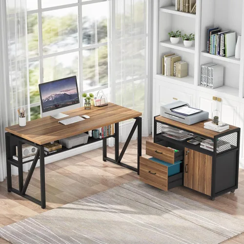 Vista 3 de Tribesigns Escritorio en forma de L de 55 pulgadas con cajón, escritorio ejecutivo para computadora y archivador lateral, 2 piezas de muebles