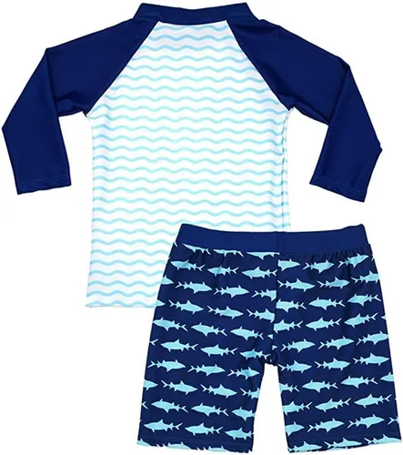 Vista 2 de AMIYAN Conjunto de natación para niños pequeños, de dos piezas, traje de baño de manga larga, UPF 50+, camiseta de natación y traje de baño