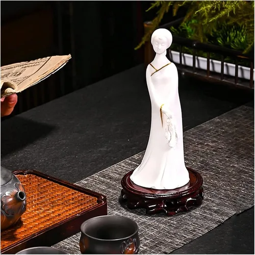 Vista 6 de Escultura Figura de mesa Estatua Mujer De Pie Porcelana Blanca Dorada Ornamento De Escritorio Zen Clásico Hecho A Mano Arte Decoraciones Estatua