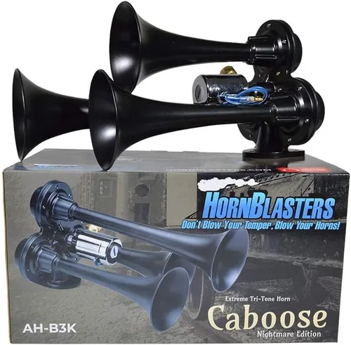Vista 4 de Hornblasters Stealth Black Caboose - Bocina de aire de 12/24 voltios solamente - 3 trompetas - tono único