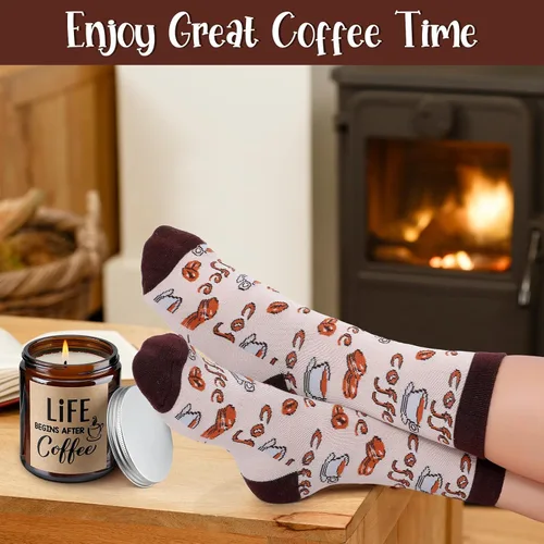 Vista 6 de Vabean Juego de Regalo para Amantes del Café de 5 Piezas - Incluye Taza y Soporte para Cuchara, Vela y Calcetines, Canasta de Café para Hombres