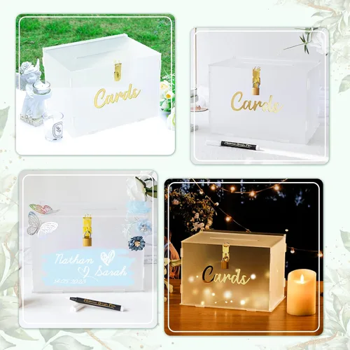Vista 6 de OurWarm Caja de tarjetas de boda de acrílico esmerilado con cerradura, caja de tarjeta de regalo para boda con tira de luz y bolígrafo, caja